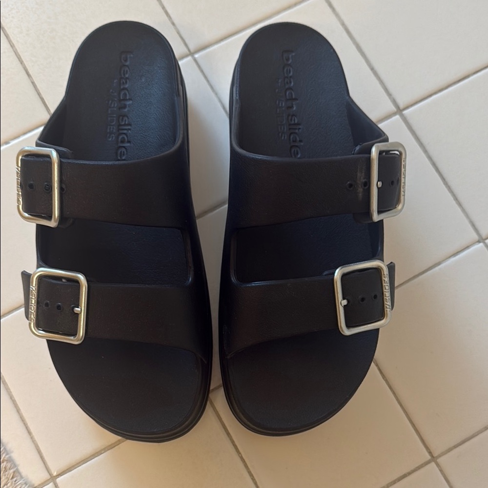 Black Slide Sandals with Silver Buckles